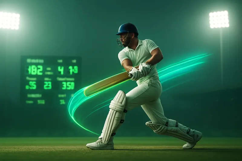 Cricket athlete swinging bat with neon speed trail under stadium floodlights
