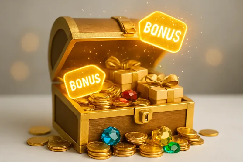 Golden treasure chest bursting with coins, gems, gift boxes, bonus tags
