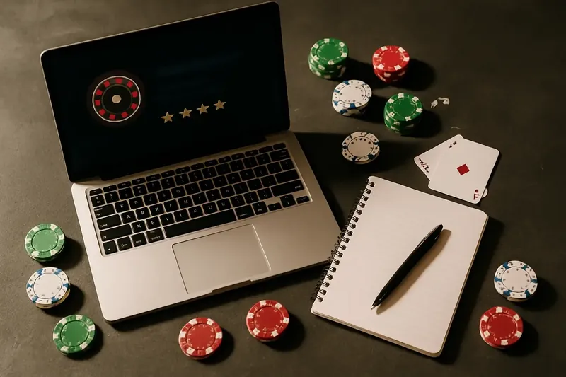 Casino Review Workspace Flat lay of laptop, notepad, casino chips and cards on dark slate