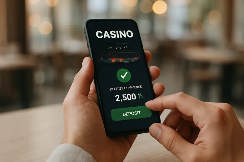 Man typing on smartphone casino app showing live scores and BDT deposit confirmation