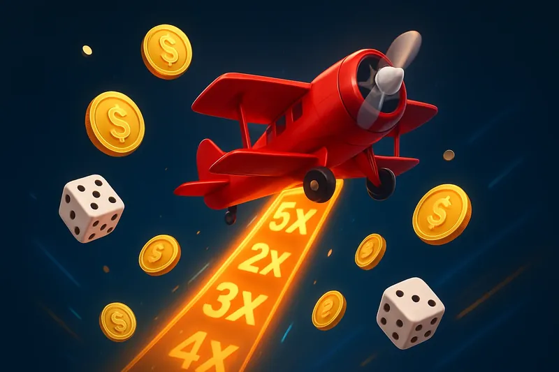 Red airplane soaring with glowing multiplier trail, coins and dice floating