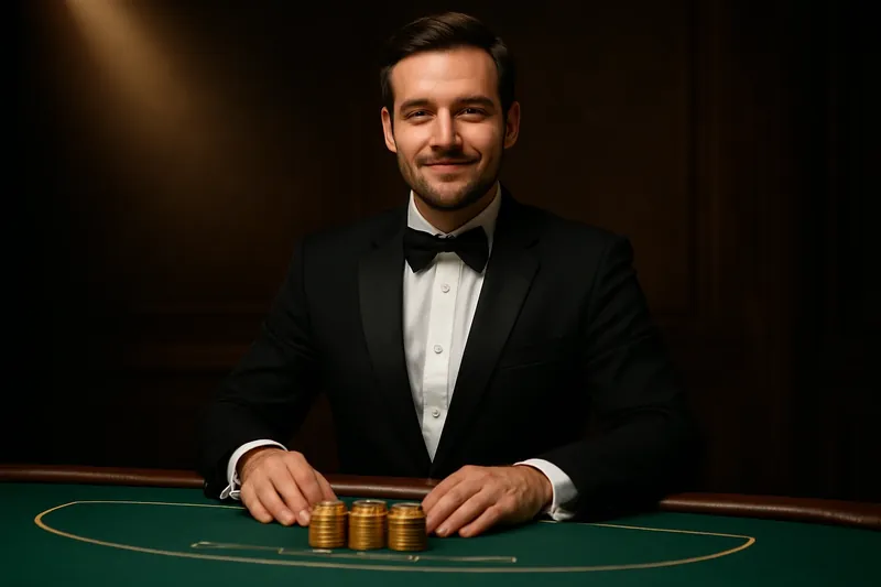 Elegant Live Casino Professional dealer behind green felt table with golden chips under spotlight