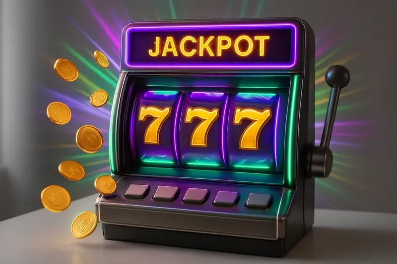 Slot machine jackpot with golden 777 symbols, coins, and neon light beams